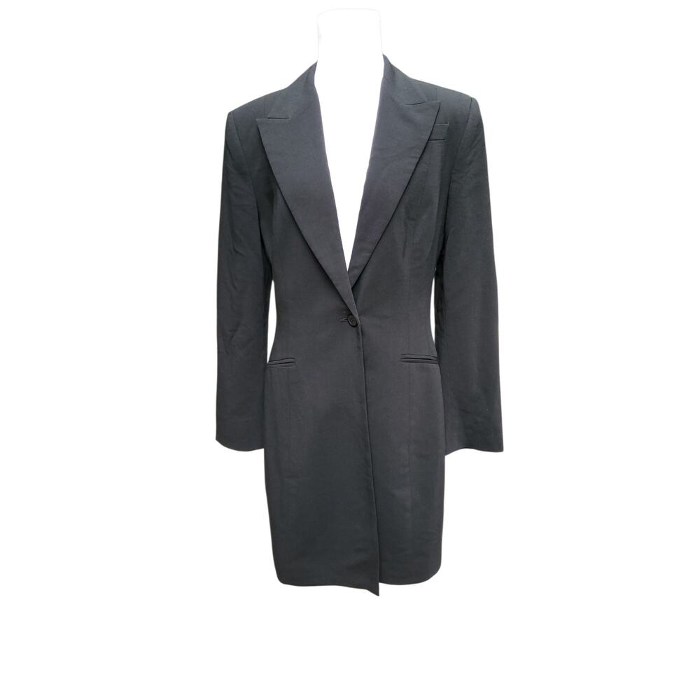 Vintage 90s y2k Goth Minimalist Quiet Luxury Black Wool Longline Blazer Jacket 8